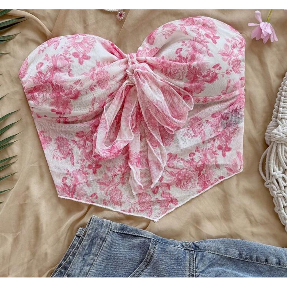 Floral Pink Strapless Top Size L - Picture 1 of 4